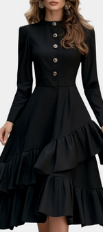 Mahaute black midi dress with long sleeves, cinched waist, asymmetric ruffles, and decorative jewel buttons.