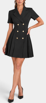 Mahaute Ognyana black short blazer dress with double-breasted gold buttons and a structured pleated skirt