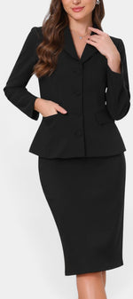 Ensemble tailleur noir Mahaute avec blazer cintré et jupe crayon mi-longue, élégant et sophistiqué, parfait pour le bureau.