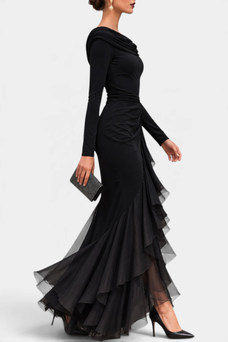 Mahaute black long evening gown with draped neckline, long sleeves, and asymmetrical ruffled skirt on a model