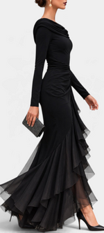 Mahaute black long evening gown with draped neckline, long sleeves, and asymmetrical ruffled skirt on a model