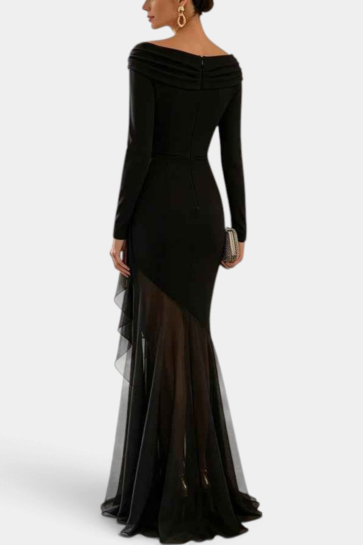 Mahaute Chantelle black long evening gown with draped neckline, long sleeves, and asymmetric sheer ruffled skirt
