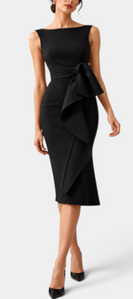 Mahaute black midi dress with boat neckline, side-tie waist, and elegant asymmetric draped skirt for formal events