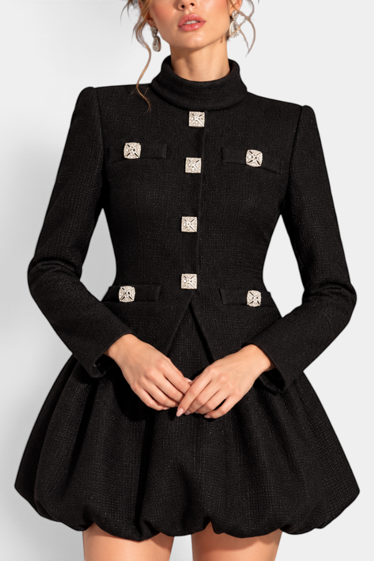 Mahaute black structured jacket and bubble skirt set featuring square jewel buttons and a high collar