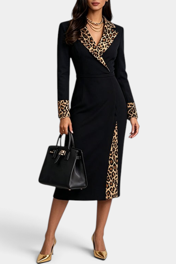 Mahaute black midi blazer dress with leopard print lapels, cuffs, and front slit detail.
