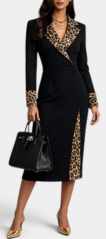 Mahaute black midi blazer dress with leopard print lapels, cuffs, and front slit detail.