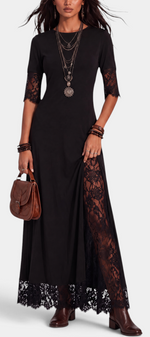 Mahaute black long dress with floral lace sleeves, side panels, and hem, styled with brown leather accessories.