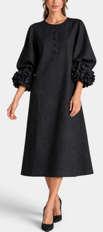 Mahaute black midi dress with puff sleeves, 3D floral cuffs, and decorative front buttons in a fluid flared silhouette.