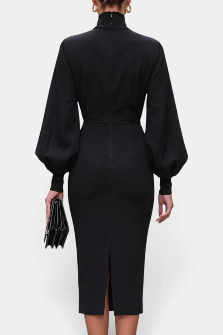 Back view of a Mahaute black midi pencil dress with a high neck and voluminous balloon sleeves, worn outdoors.
