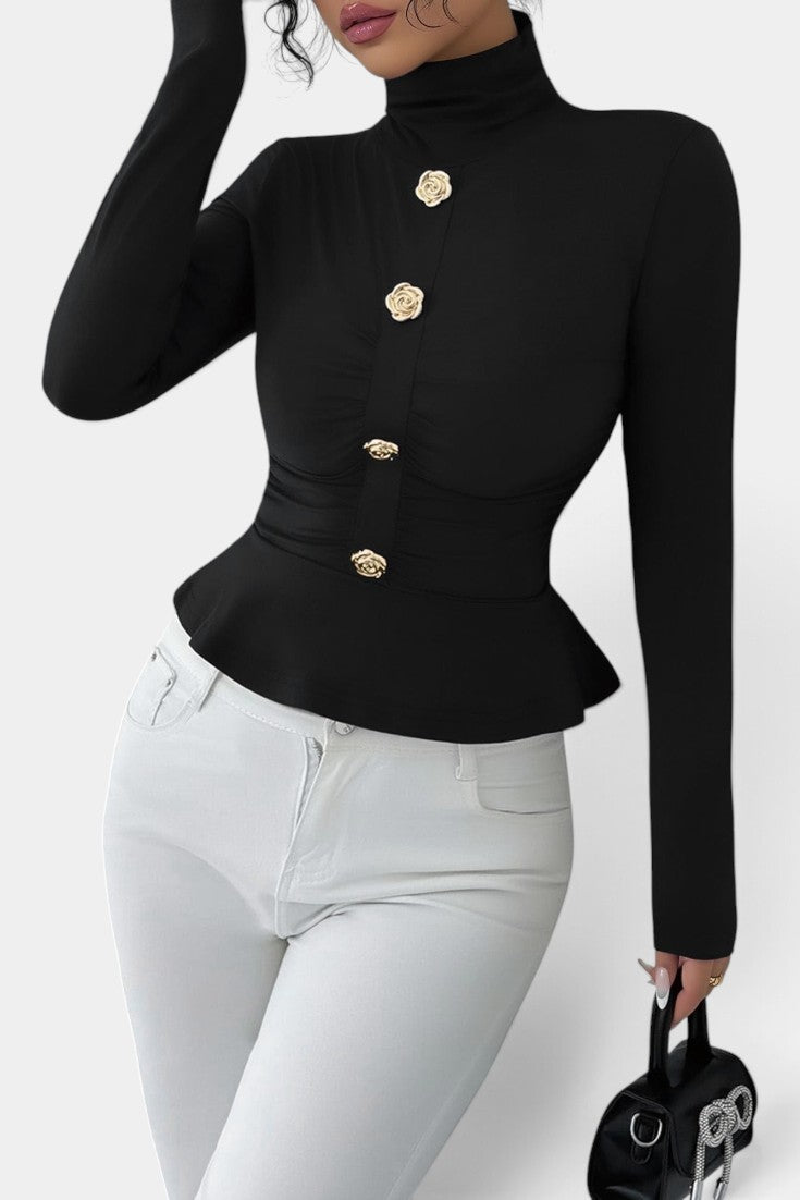 Top péplum noir Mahaute avec col roulé, fronces et boutons bijoux, style élégant et sophistiqué.