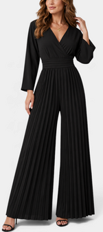 Mahaute black pleated wide-leg jumpsuit with a wrap V-neckline and high waist worn by a model.