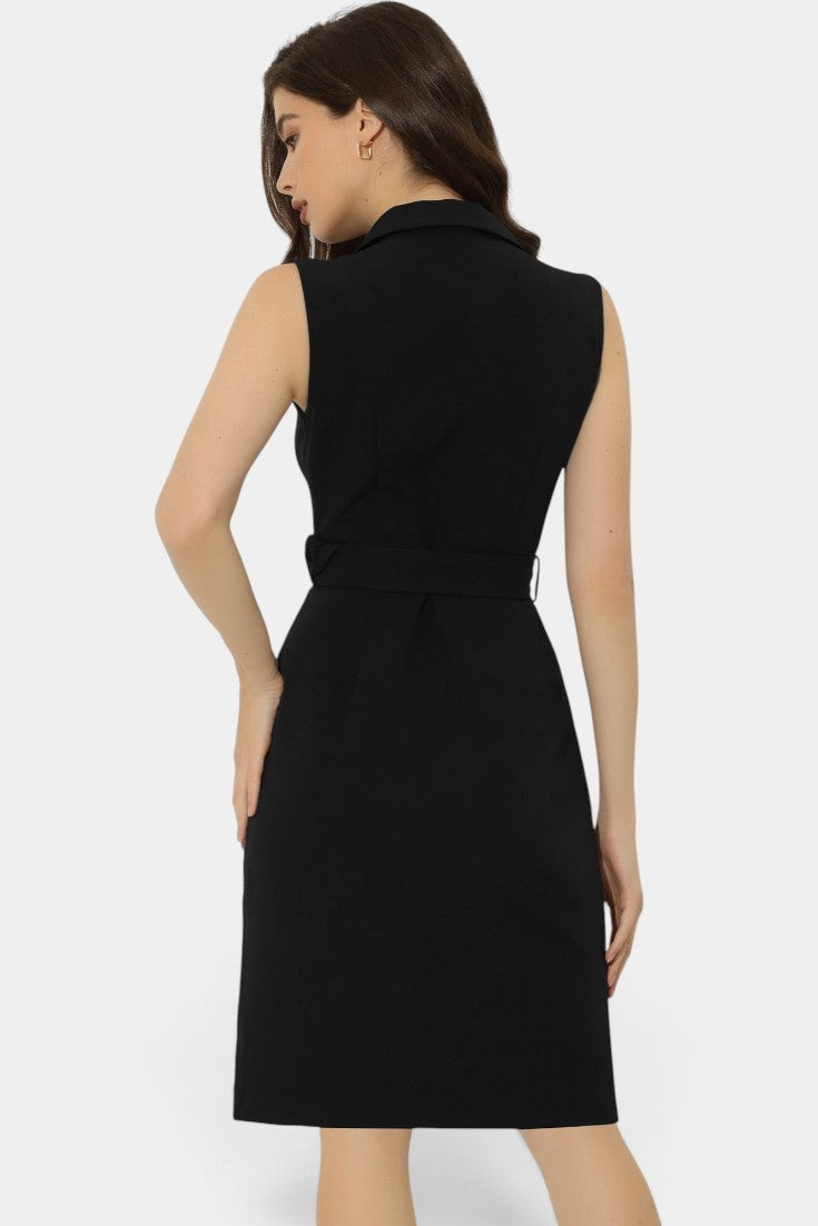 Robe mi-longue sans manches Mahaute, style blazer avec ceinture, en tissu noir élégant, parfait pour une tenue sophistiquée.