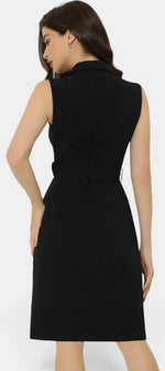 Robe mi-longue sans manches Mahaute, style blazer avec ceinture, en tissu noir élégant, parfait pour une tenue sophistiquée.