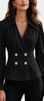 Mahaute black tailored blouse with a crossover neckline, cinched waist, and decorative gold buttons.