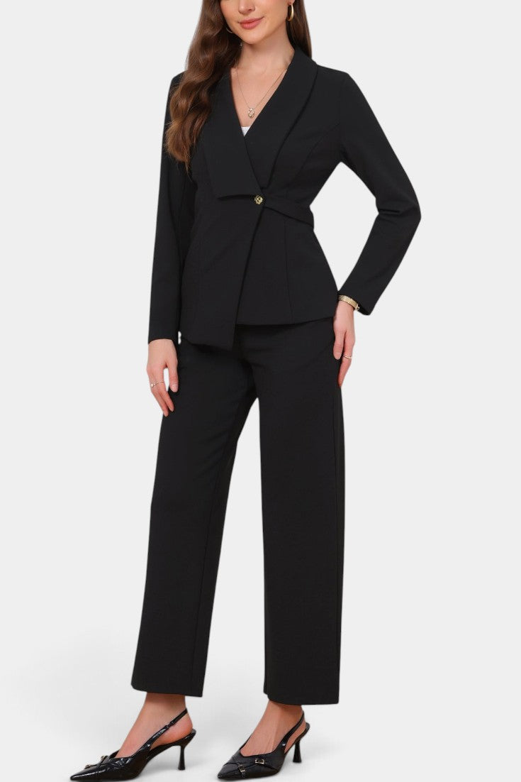 Ensemble tailleur Mahaute Beatrijs, blazer cintré et pantalon large noir, élégant et sophistiqué pour femmes.