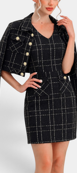 Mahaute black tweed-effect short dress and jacket set with white check pattern and gold buttons.