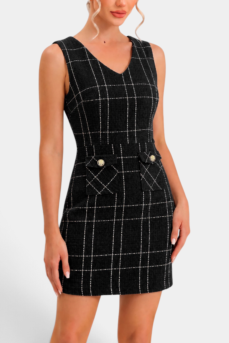 Mahaute black tweed short dress with white grid pattern, V-neck, and decorative gold button pockets.