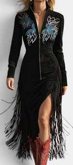 Mahaute black velvet midi dress with front zipper, intricate floral embroidery on bust, and long fringe skirt detail.