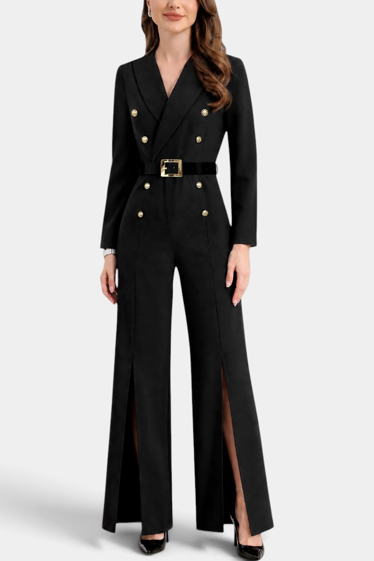 Mahaute black long-sleeve jumpsuit with a collared neckline, gold buttons, belted waist, and wide-leg slit trousers.