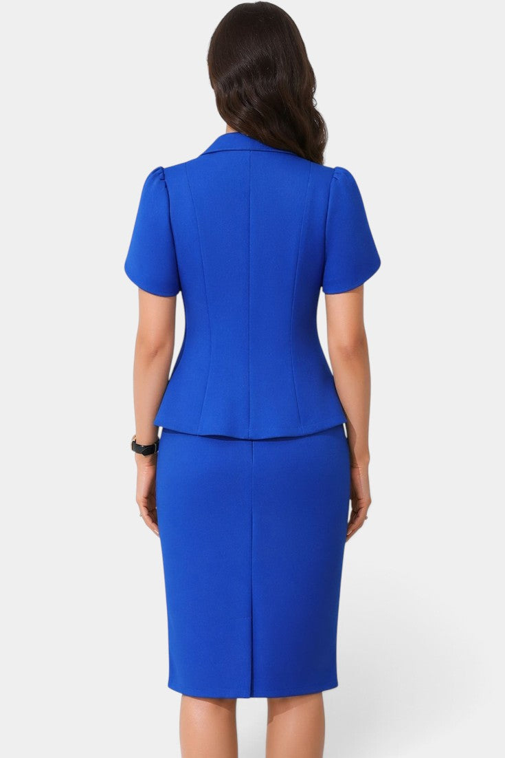 Ensemble blazer à double boutonnage et jupe crayon Mahaute, costume élégant bleu pour femmes, style professionnel et chic.
