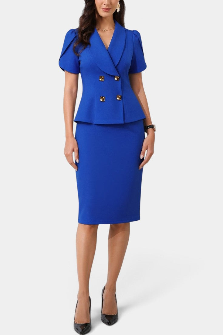 Ensemble blazer bleu à double boutonnage et jupe crayon Mahaute, vêtements élégants pour femmes.