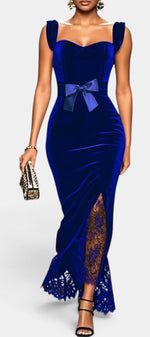 Mahaute royal blue velvet long dress with sweetheart neckline, satin waist bow, and lace skirt panel detail.