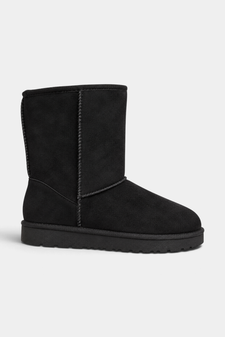 Mahaute Boryana black mid-calf boots with a soft suede-effect finish, rounded toe, and thick lugged sole.
