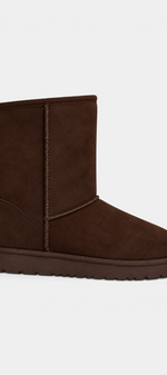 Mahaute Boryana mid-calf boots in dark brown faux suede with a rounded toe and thick lug sole for casual comfort.