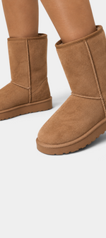 Mahaute Boryana mid-calf boots in tan faux suede with a thick lug sole and rounded toe for a casual seasonal look.