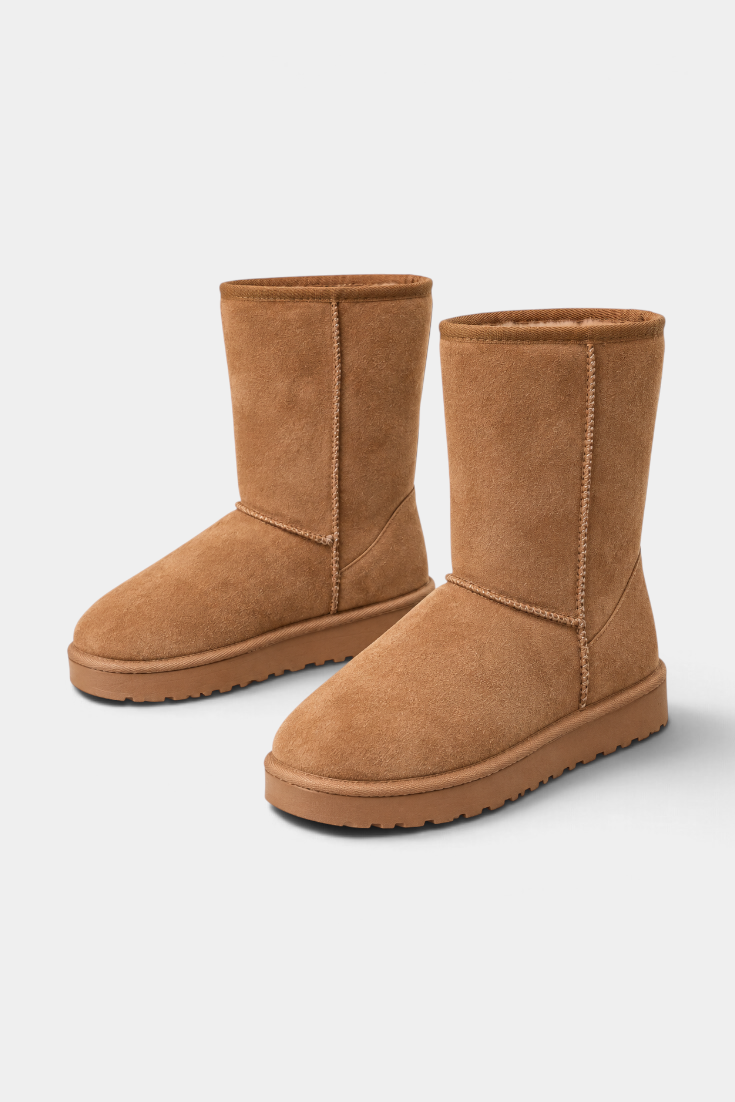Mahaute Boryana tan mid-calf boots with a soft suede-effect finish, rounded toe, and thick lugged sole.