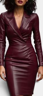 Mahaute Brivelle midi dress in burgundy faux leather with a tailored collar and fitted silhouette.