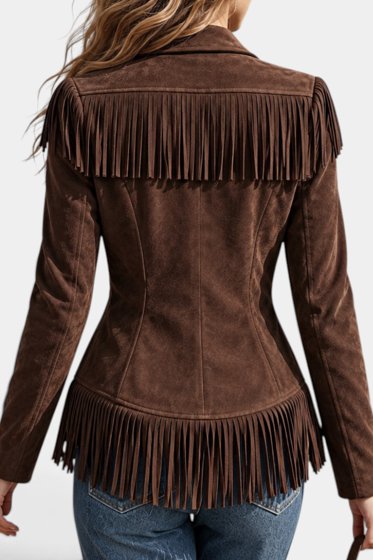 Mahaute brown faux suede fitted jacket with long fringe detailing on shoulders and hem, back view.