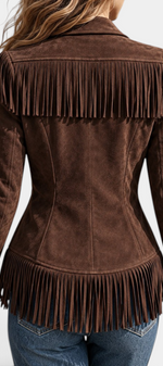 Mahaute brown faux suede fitted jacket with long fringe detailing on shoulders and hem, back view.