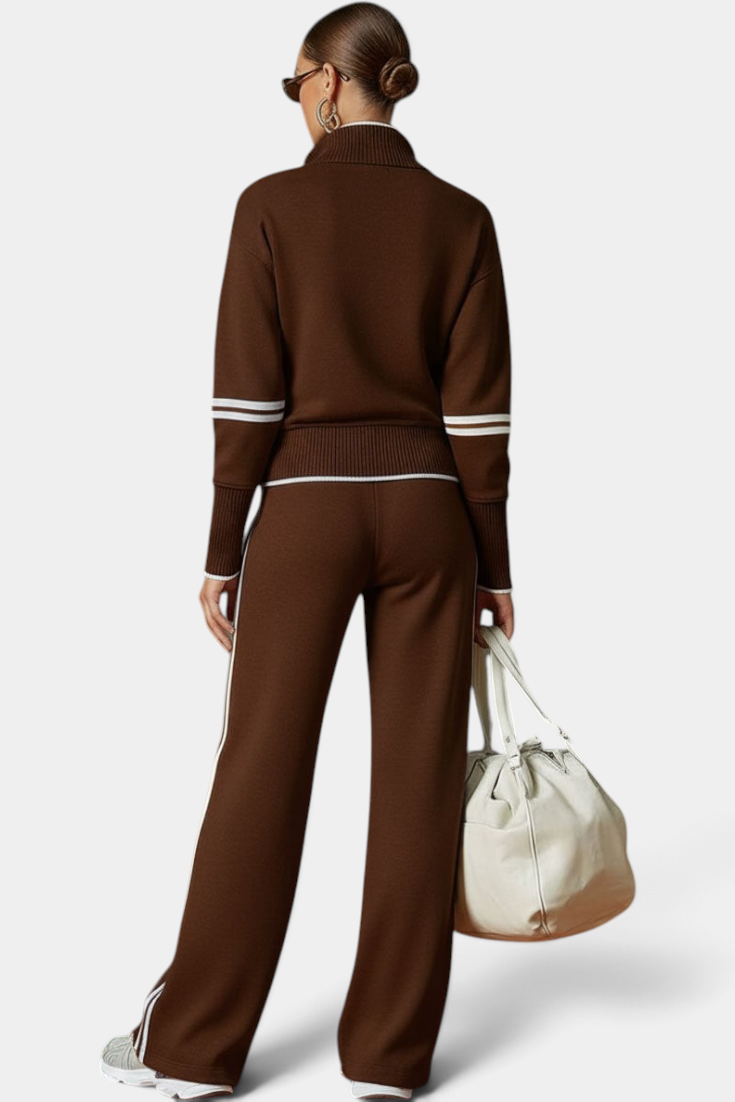 Mahaute Ismay brown knit lounge set with zip-up collar, wide-leg pants, and white contrast stripes on back view.