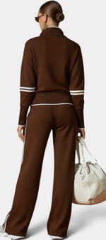 Mahaute Ismay brown knit lounge set with zip-up collar, wide-leg pants, and white contrast stripes on back view.