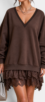 Mahaute Lilou brown short dress with deep V-neck, oversized sweatshirt top, and layered lace ruffle skirt