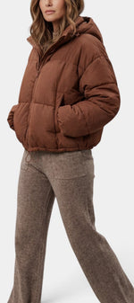 Doudoune courte matelassée Mahaute marron avec col montant et cordon de serrage, isolante et élégante pour l'hiver.