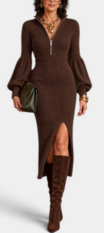 Mahaute brown ribbed knit midi dress with balloon sleeves, zip collar, and front slit worn with suede boots.
