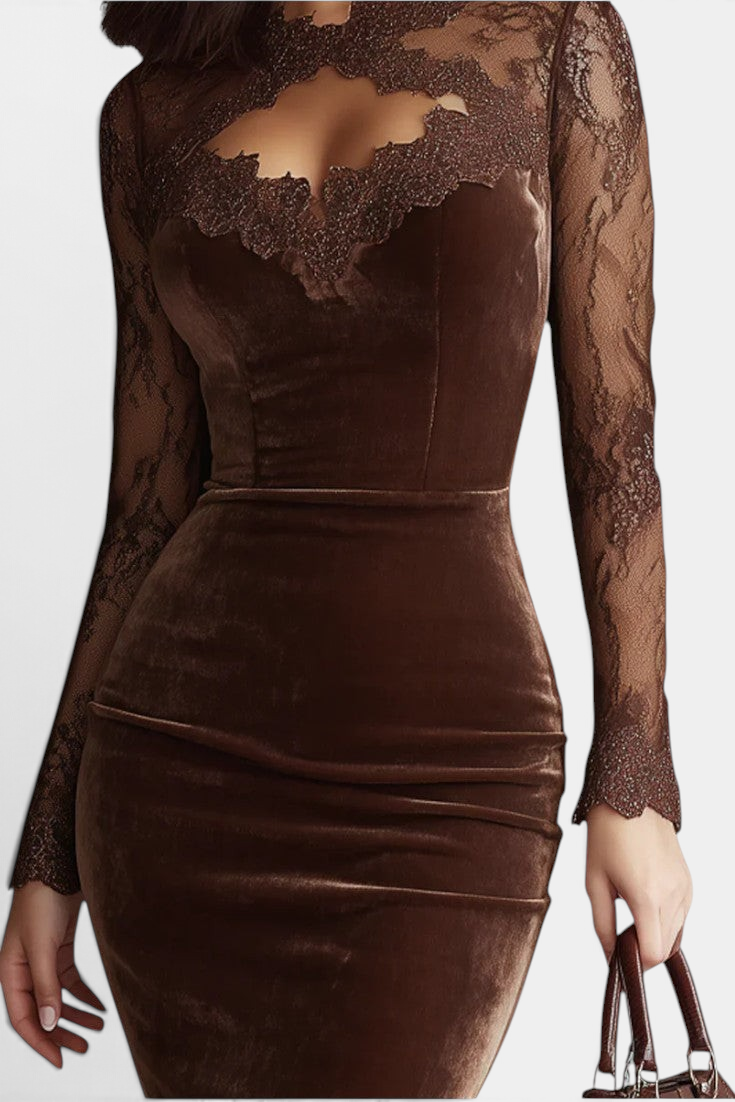 Mahaute brown velvet midi dress featuring long sheer floral lace sleeves and a delicate lace neckline detail