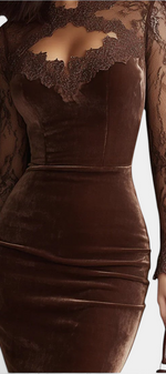 Mahaute brown velvet midi dress featuring long sheer floral lace sleeves and a delicate lace neckline detail