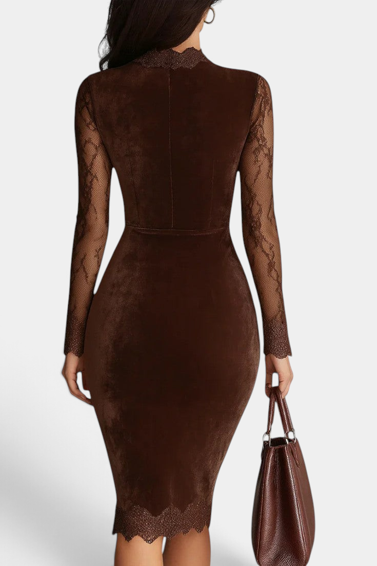 Mahaute brown velvet midi dress featuring long sheer floral lace sleeves and a delicate lace hem, back view.