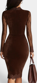 Mahaute brown velvet midi dress featuring long sheer floral lace sleeves and a delicate lace hem, back view.