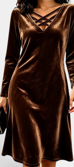 Mahaute brown velvet short dress with long sleeves and a V-neck featuring delicate crisscross straps.