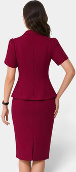 Ensemble blazer double boutonnage et jupe crayon Mahaute en bordeaux, tenue élégante pour femme.