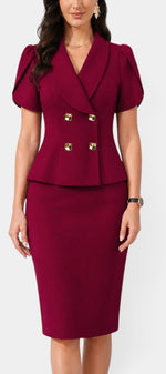 Ensemble blazer à double boutonnage et jupe crayon Mahaute de couleur bourgogne, veste élégante et jupe ajustée.