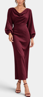 Mahaute Nicole long burgundy dress with draped cowl neck, balloon sleeves, and textured fabric on a model.