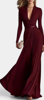 Mahaute burgundy long-sleeve maxi dress with a draped wrap neckline and belted waist for an elegant evening look
