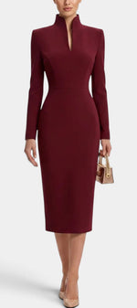 Mahaute Sandy burgundy midi dress with long sleeves, fitted waist, and a modern split mock neck collar.
