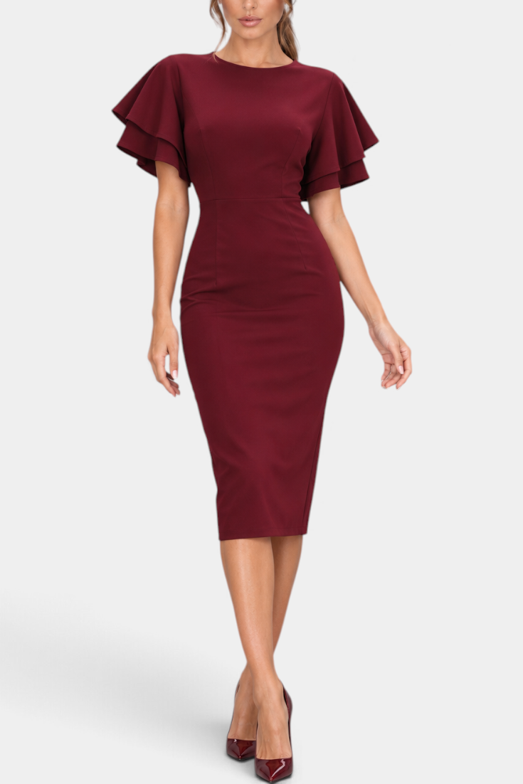 Mahaute Elitsa burgundy midi dress with fitted waist and flutter sleeves worn by a model with matching heels