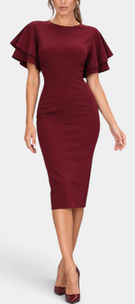 Mahaute Elitsa burgundy midi dress with fitted waist and flutter sleeves worn by a model with matching heels